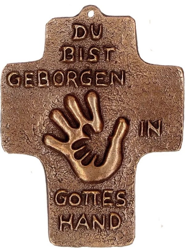 Kommunionkreuz aus Bronze "Du bist geborgen in Gottes Hand"